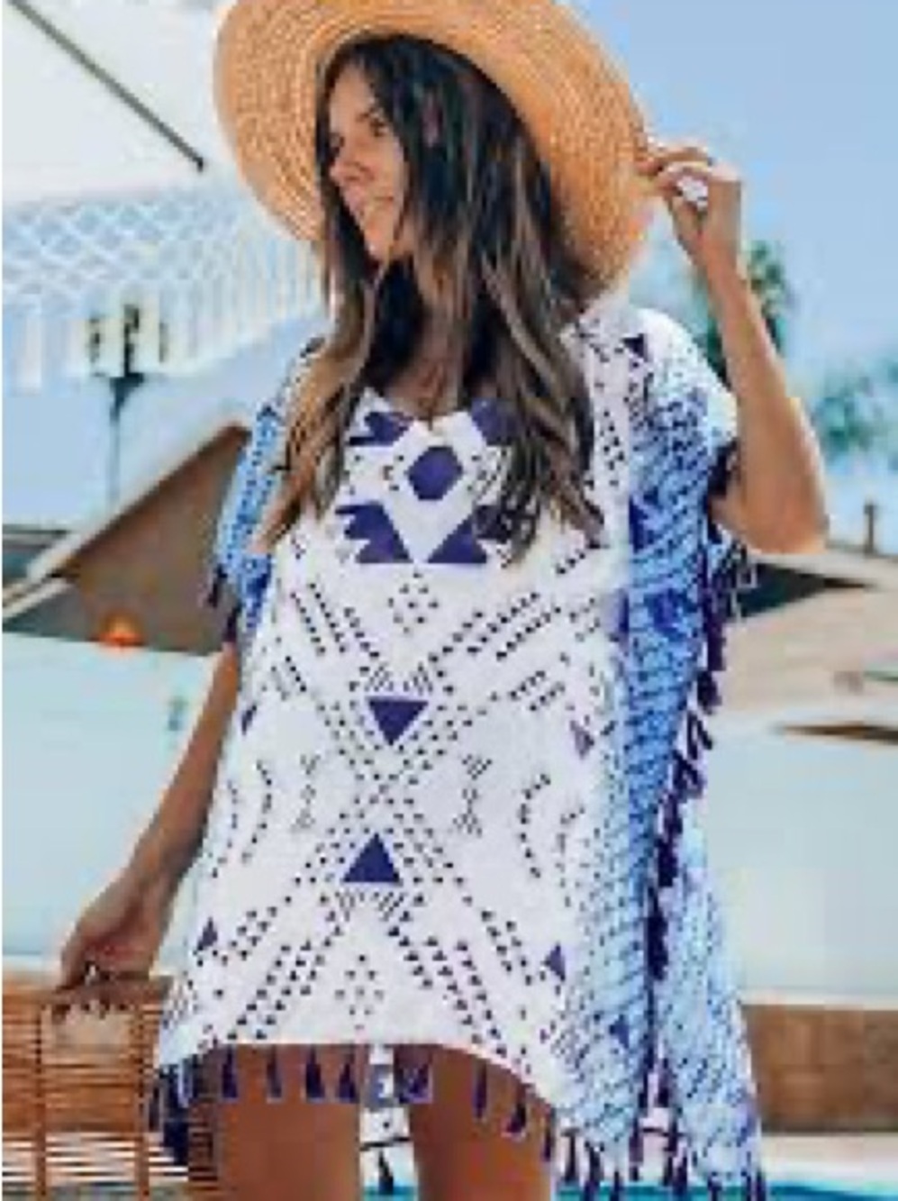 Cupshe White & Blue Aztec Fringe Beach Cover-Up